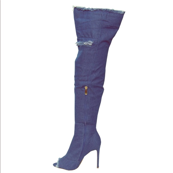 white denim thigh high boots